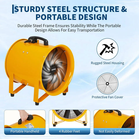 12 Inch High Velocity Air Mover Blower With 3500 CFM Beast Mode Airflow, yellow industrial fan, sturdy steel structure.