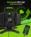 Rear view of 30W Rechargeable LED Work Light showing charging port and 4400mAh battery, emphasizing the 9-hour runtime.