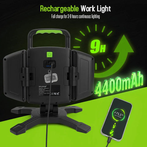 Rear view of 30W Rechargeable LED Work Light showing charging port and 4400mAh battery, emphasizing the 9-hour runtime.
