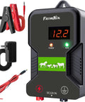 12KV Electric Fence Charger With LED Indicator, 15 KM Range, 2J Output, cables and adapter visible
