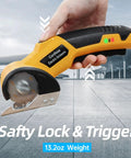 Boss Grade Cordless Electric Scissors For Cardboard Boxes, Rechargeable Rotary Cutter, handheld safety lock with 13.2oz weight.