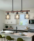 Three Light Vintage Industrial Pendant With Walnut Finish And Matte Black Frame Adjustable Hanging Light in kitchen