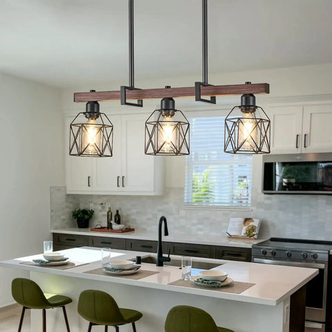 Three Light Vintage Industrial Pendant With Walnut Finish And Matte Black Frame Adjustable Hanging Light in kitchen