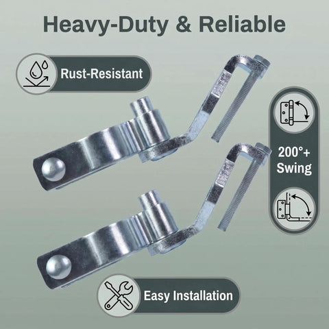 Heavy Duty T Post Gate Hinge Assembly Kit With Galvanized Steel Pins And Female Brackets For Chain Link Fences Quick No Sweat Install Perfect For Farms And Backyards Bully Proof Set close-up of hinges showing rust-resistant material and easy installation features.