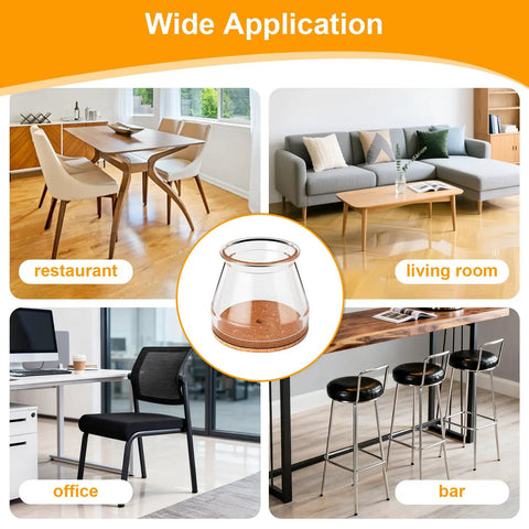 Silicone Felt Chair Leg Floor Protectors 24 Pack, Universal L Size Fits Round 1 And 5 Sixteenth To 2 Inches And Square Legs shown used in restaurant, living room, office, bar.