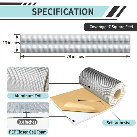 Dishwasher Noise Knockout Insulation Pad 13 X 79 Inch Self Stick Pef Foam Sheet showing aluminum foil and self-adhesive backing.