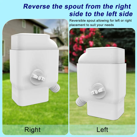 Universal Gutter Downspout Diverter With Built In Filter Screen White Fits 2x3 And Oversize 3x4 Downspouts Reversible Spout For Left Or Right Install Easy No Fuss Setup, right and left views