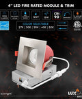4-Inch LED Fire Rated Module with Brushed Nickel Trim, color selectable, IC rated, damp location approved, 1000 lumens.
