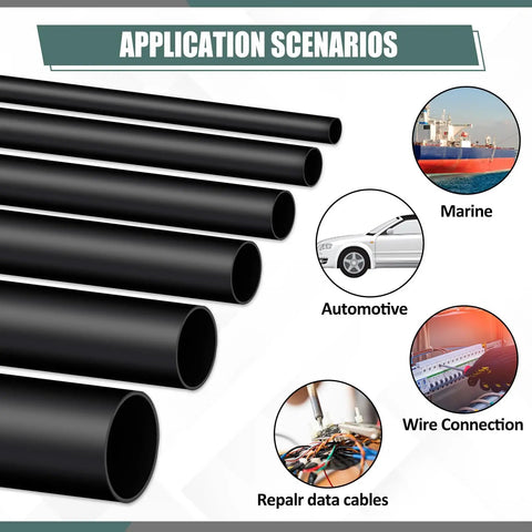 Six Roll Heavy Duty Heat Shrink Tubing Kit For Quarter Three Eighths And Half Inch Sizes With Three To One Ratio Marine Grade Adhesive Lined Wrap Tube For Insulation Sealing And Wear Resistant Protection Black Four Feet Per Roll with application scenarios for marine, automotive, wire connection, and cable repair.