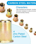 M6 Rivet Nuts Kit 100 Pieces Carbon Steel Flat Head Rivnut Threaded Inserts With Knurled Body Zinc Plated for Rust Resistance