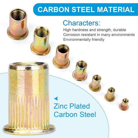 M6 Rivet Nuts Kit 100 Pieces Carbon Steel Flat Head Rivnut Threaded Inserts With Knurled Body Zinc Plated for Rust Resistance