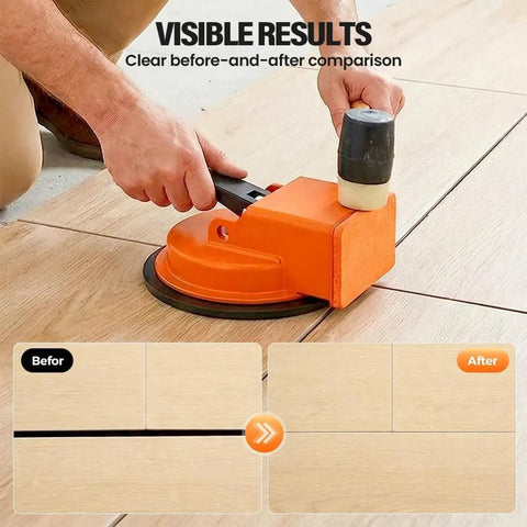 Heavy Duty Suction Cup Floor Gap Fixer For Laminate Wood Tile And Vinyl with visible gap fixing result on wooden flooring.