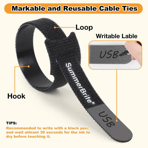 70 Pack Black Cable Ties With Writable Labels 4 6 8 Inch Assorted Sizes, showing loop and writable label detail