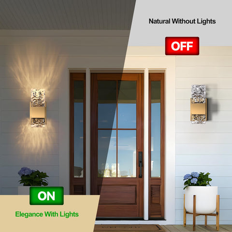 Gold Crystal LED Wall Sconce With Dimmable 3000K To 6000K Color Temperature, installed outdoors, lit and unlit view