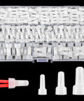 Front view: 250-pcs white nylon insulated closed-end crimp connectors in plastic case; CE1 CE2 CE5 for 22-16/16-14/12-10 AWG.