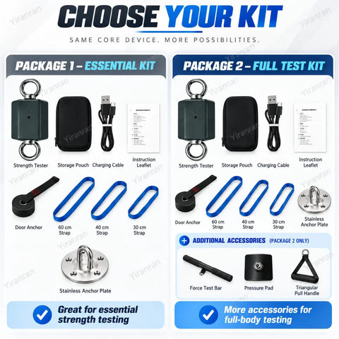 Package comparison of Pro Isometric Strength Tester Push Pull Dynamometer with accessories for strength testing.