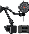 Front view of a Dial Indicator With Magnetic Base For Home Shop Use 0 To 1 Inch Range 0.001 Inch Readout 132 Lb Pull Fine Adjustment Knob
