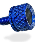 Road Ready Carbon Fiber And Aluminum Knurled Seat Fender Bolt Quarter Inch 20 Thread Slick Swap Upgrade For Harley Davidson Touring Softail Sportster Dyna 1996 To 2025 No Sweat Replacement in blue aluminum with knurling detail.