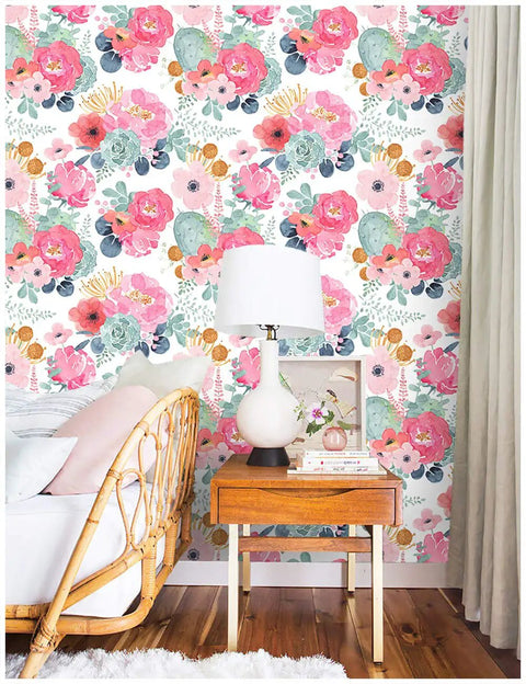 Peel And Stick White Floral Wallpaper With Pink Peonies And Eucalyptus For Nursery Or Bedroom Boho Vibe Removable Vinyl Contact Paper