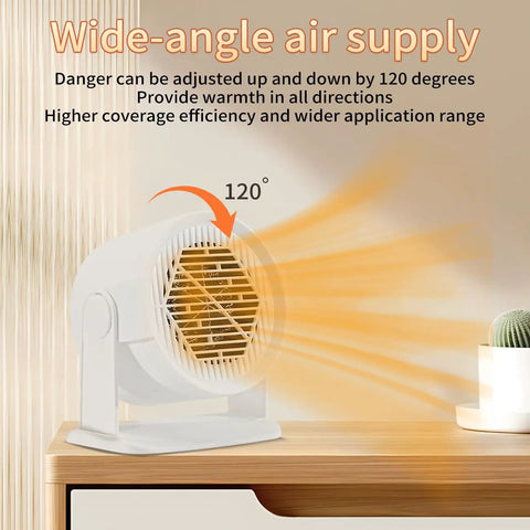 Compact Portable Space Heater With 400W Or 600W Power For Indoor Use 120 Degree Adjustable Swing on a desk emitting warm air
