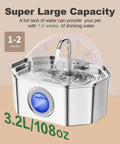 Stainless Steel Cat Water Fountain 108oz 3.2L With Water Level Window, Automatic Pet Fountain with visible capacity text