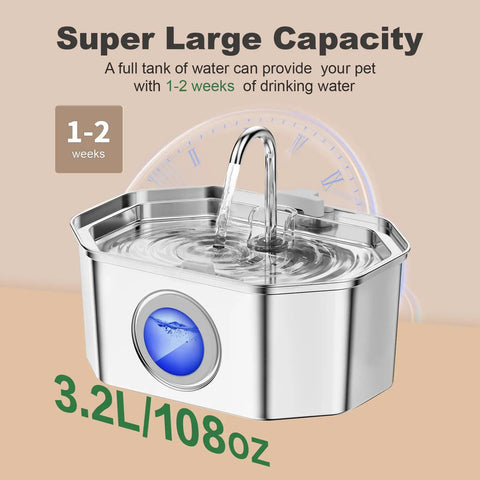 Stainless Steel Cat Water Fountain 108oz 3.2L With Water Level Window, Automatic Pet Fountain with visible capacity text
