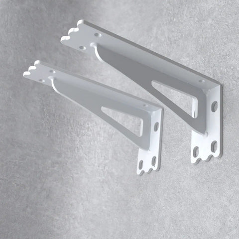 Top Notch 2 Pack Wall Mounted Shelf Brackets Heavy Duty Metal Triangle Supports Built Tough For Wood Boards Quick Install Includes Full Hardware White Finish mounted on wall.