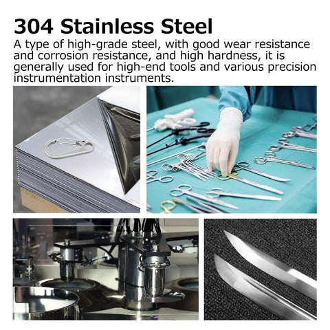 304 stainless steel tools including 10 Pack 1.77 Inch Stainless Steel Clip Spring Snap Hooks EDC Mini Carabiners Quick Release For Outdoor Keychains Camping Fishing Hiking Travel Gear Heavy Duty 100lb Capacity displayed on a table.