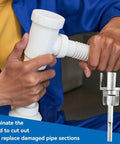 Hands using 1 2 3 4 Inch Pipe Threading Tool Set Quick Cut Die For Pvc Steel Copper for pipe replacement and repair.
