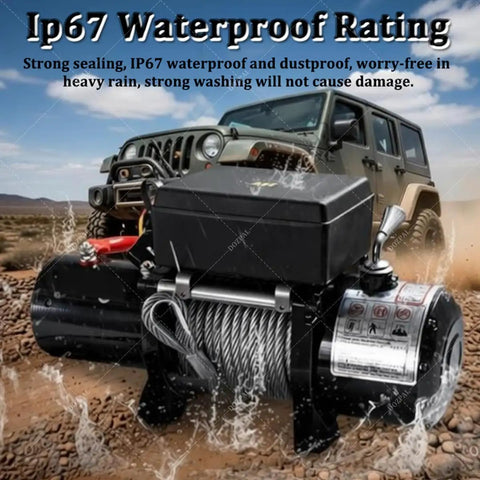 Powerful 4500 Lbs Electric Winch For Your Ride With 24V Muscle And Steel Cable Recovery Gear, Wireless Remote Controller Plus Roller Fairlead For Trucks Atvs Ute Jeeps And Modified Rigs in action with IP67 waterproof rating.