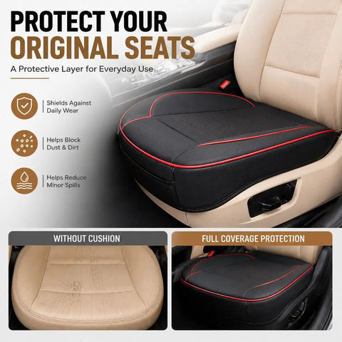 Top Tier Breathable Leather Front Seat Cushion With Plush Padding And Non Slip Grip For Tesla Cybertruck Model 3 Model S And Just About Any Daily Driver In Bold Red on a car seat.