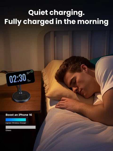 Person sleeping with MagFlow 2in1 Magnetic Wireless Charging Stand Fast Charge For iPhone 16 on bedside table at night.