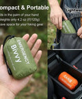 Emergency Thermal Sleeping Bag Kit With Drawstring Storage Pouch And Survival Whistle, compact bivvy in hand and car