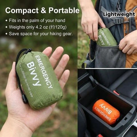 Emergency Thermal Sleeping Bag Kit With Drawstring Storage Pouch And Survival Whistle, compact bivvy in hand and car
