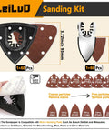 Bundle of sanding pads from 156 Piece Multitool Blade Kit For Oscillating Tools With Cutting Sanding Scraping Blades Storage Bag Compatible With DeWalt Makita Dremel And More Great For DIYers with detailed grit options shown.