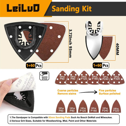 Bundle of sanding pads from 156 Piece Multitool Blade Kit For Oscillating Tools With Cutting Sanding Scraping Blades Storage Bag Compatible With DeWalt Makita Dremel And More Great For DIYers with detailed grit options shown.