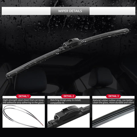 Top Tier Front Windshield Wiper Blades Two Pack Fit Lexus Es 2013 To 2025 shown with water droplets highlighting detail and design.