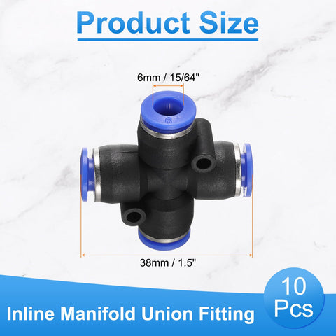 10 Pack Inline Manifold Union Fittings 4 Way 6mm OD Plastic Quick Release