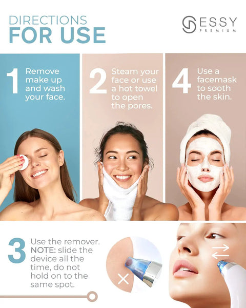 Instructions for Blue Blackhead Remover Facial Cleanser Vacuum With Five Suction Levels, showing skincare steps and usage advice.