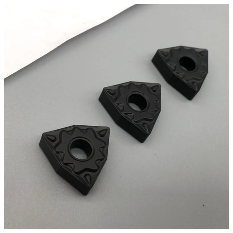 Awesome 10 Pack WNMG080408 Indexable Carbide Lathe Tools With HQ CA4125 Inserts for cutting steel parts, three black carbide inserts.