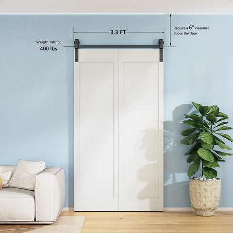 Three Point Three Foot Bi Folding Sliding Barn Door Hardware Track Kit In Black With J Shape Rollers For Two Doors No Door Included Easy Install Heavy Duty Rails For Space Saving Closet Or Room