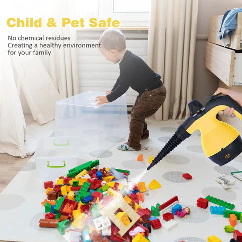Heavy Duty Handheld Steam Cleaner For Deep Kitchen And Bath Scrubbing in use, cleaning toys on carpet with child nearby.