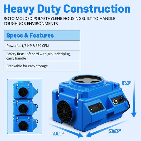 Industrial Grade Air Scrubber 550 CFM With Three Stage Filtration HEPA Plus Activated Carbon Filter Heavy Duty Air Cleaner