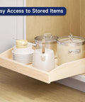 Soft Close Pull Out Cabinet Organizer 22.5 Inch Wide By 21 Inch Deep Wood Drawer Shelf For Kitchen Pantry And Base Cabinet Bottom Mount with stored items.