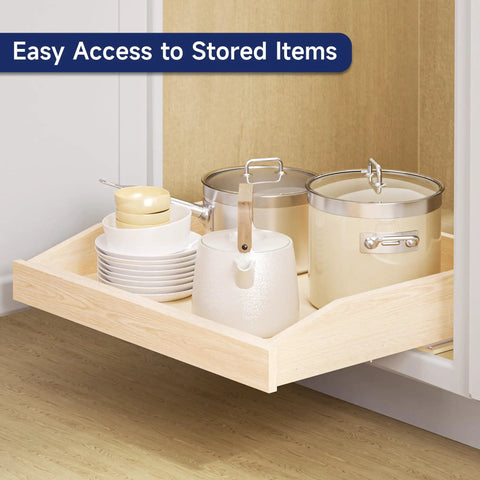 Soft Close Pull Out Cabinet Organizer 22.5 Inch Wide By 21 Inch Deep Wood Drawer Shelf For Kitchen Pantry And Base Cabinet Bottom Mount with stored items.