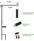 Diagram of sturdy wrought iron garden flag stand for outdoor use with measurements and features like premium powder coating, solid steel core.