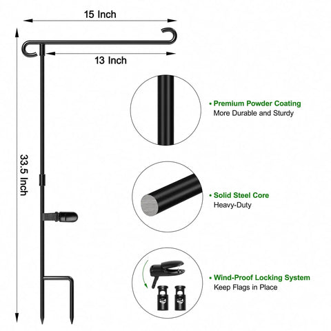 Diagram of sturdy wrought iron garden flag stand for outdoor use with measurements and features like premium powder coating, solid steel core.