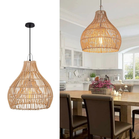 Small Rattan Pendant Light For Kitchen Island With Boho Wicker Chandelier Look in dining area setting