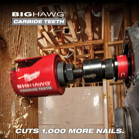 Milwaukee 4-1/4 in Big Hawg carbide hole saw on red housing, side view