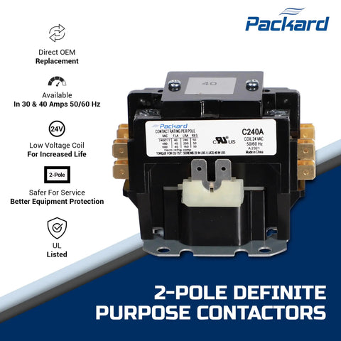 Hecka Reliable 2 Pole Contactor With 40 Amp Output And 24V Coil Handles 600V AC Jobs Smooth UL Certified Class B Wiring Includes Spade Connectors, close-up view, showing details and specifications.